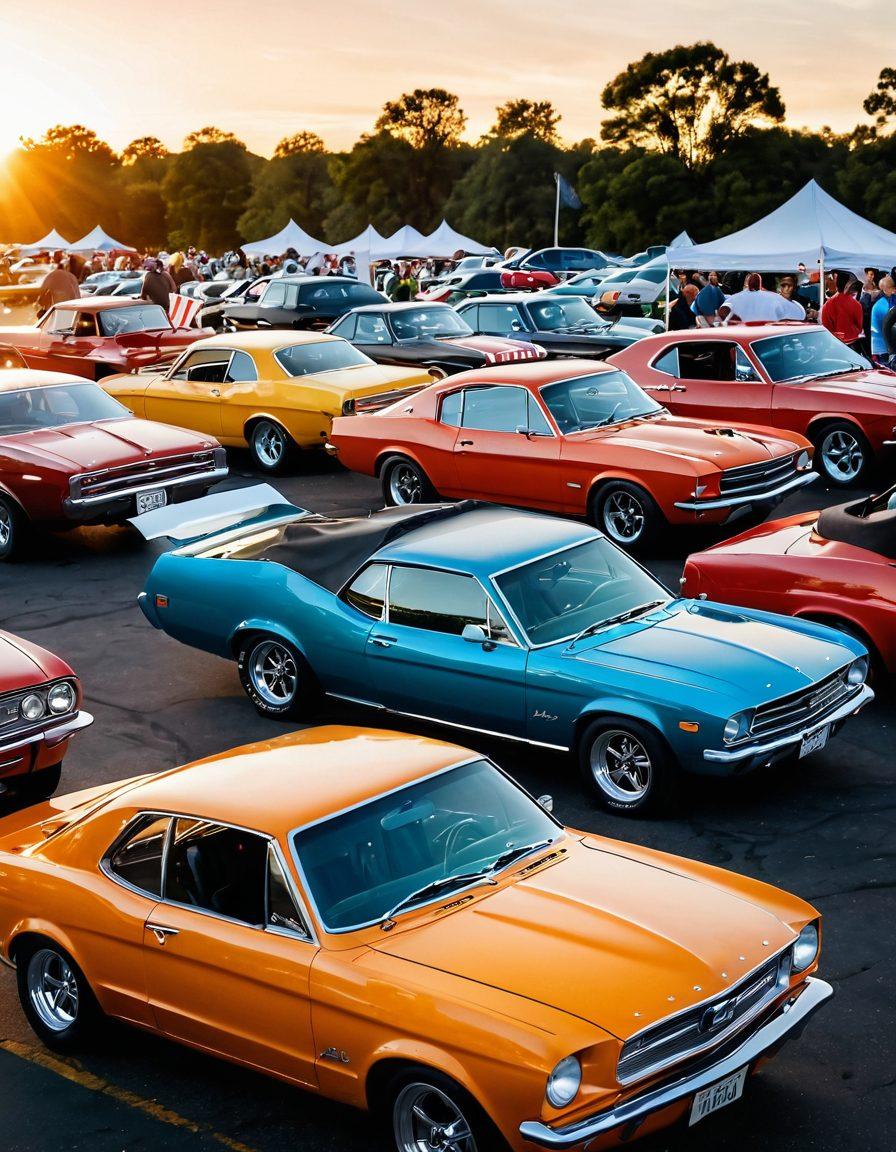A vibrant scene showcasing diverse car enthusiasts gathered around their vintage and modern cars at a lively outdoor car meet. The atmosphere is filled with excitement, with attendees sharing stories, admiring vehicles, and taking photos. Include colorful banners and flags displaying car brands, and a sunset in the background casting a warm glow over the setting. The focus should be on the joy of community and culture surrounding automobiles. super-realistic. vibrant colors. sunset backdrop.
