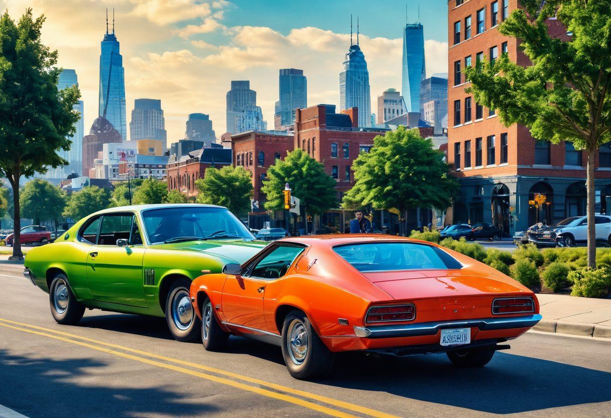 A dynamic collage featuring a classic car and a sleek electric vehicle side by side, set against a backdrop of a vibrant cityscape transitioning from the past to the future. The classic car shows off its vintage design while the electric vehicle highlights modern eco-friendly features. Incorporate green elements like trees and solar panels to symbolize sustainability. Bright, engaging colors create a sense of excitement and innovation. super-realistic. vibrant colors. city background.