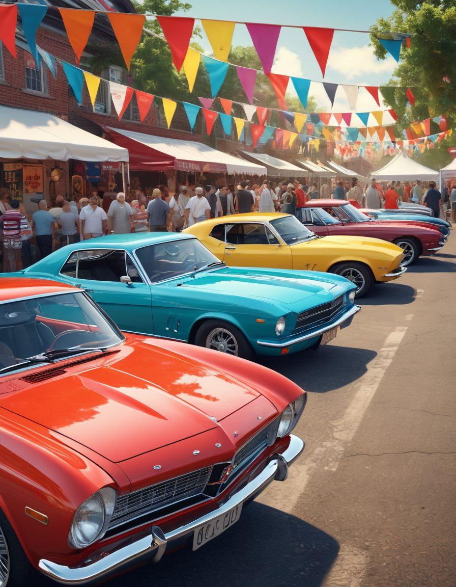 A vibrant scene depicting a diverse group of car enthusiasts gathered at an outdoor car meet, showcasing various stylish vehicles from classic to modern. They're engaged in lively discussions, sharing stories and tips, with an atmosphere of camaraderie and passion for automobiles. The background features colorful banners and flags, enhancing the community vibe. super-realistic. vibrant colors. 3D.